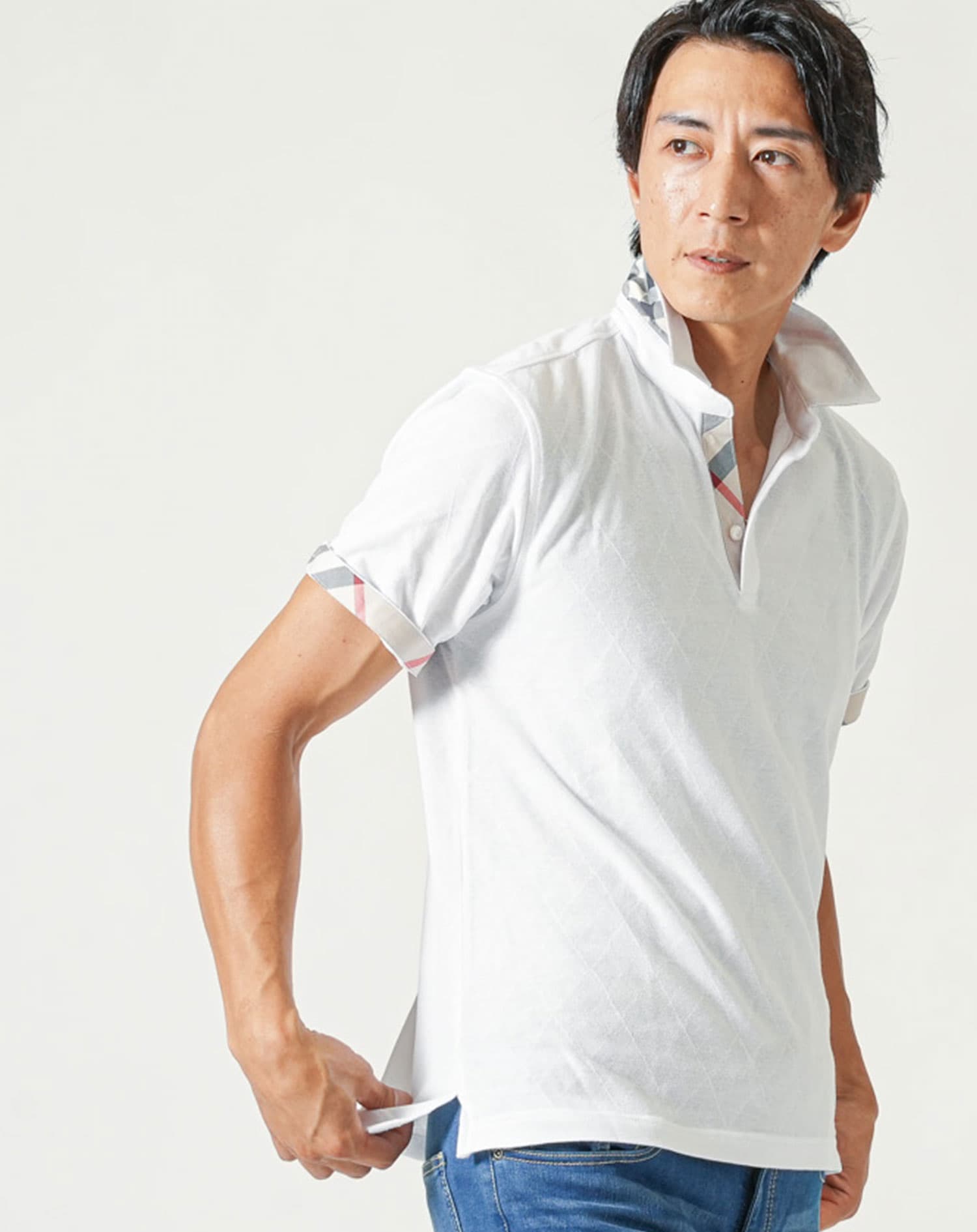 涼しいクールマックス素材ドライ加工チェック柄スキッパー半袖ポロシャツ