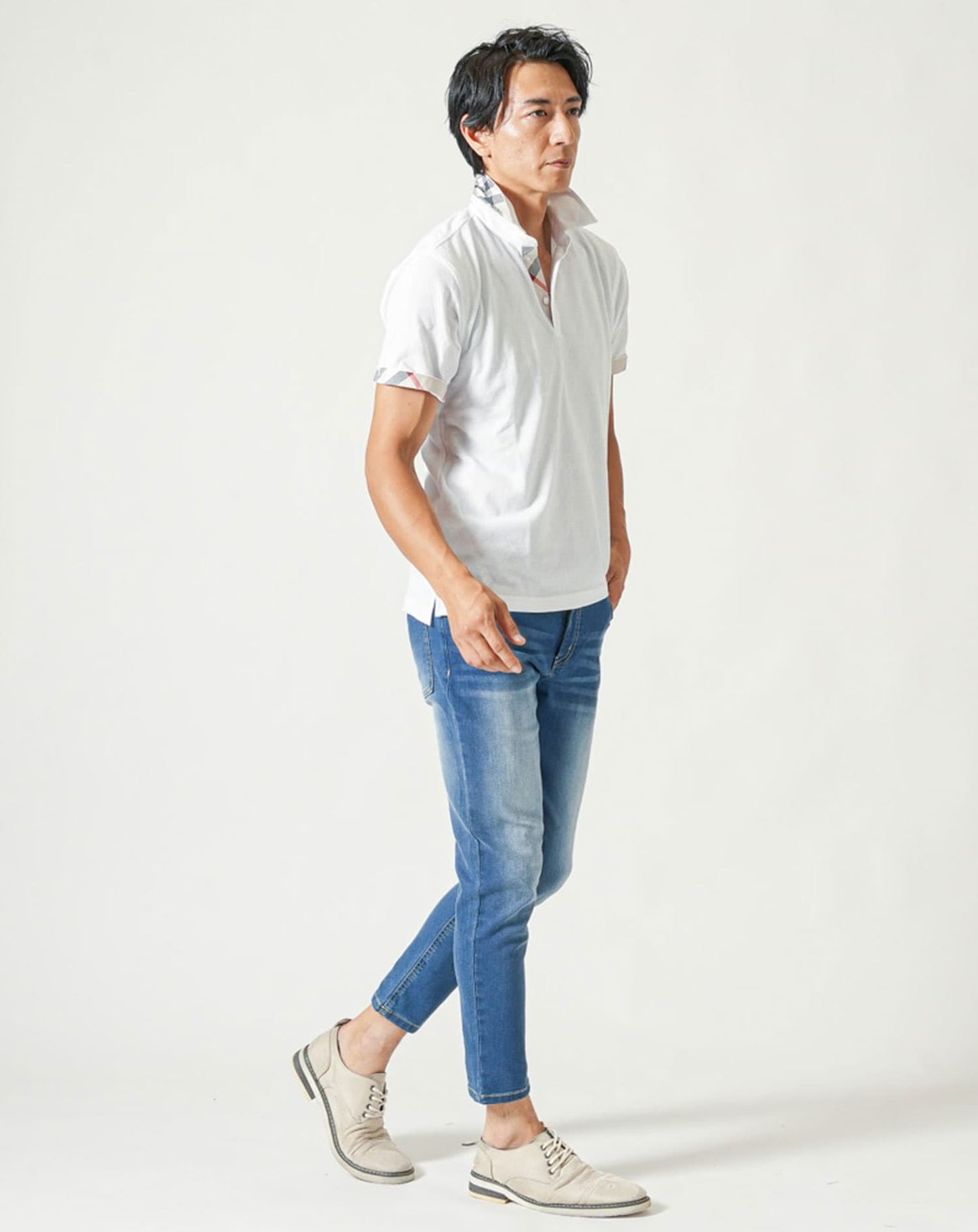 涼しいクールマックス素材ドライ加工チェック柄スキッパー半袖ポロシャツ