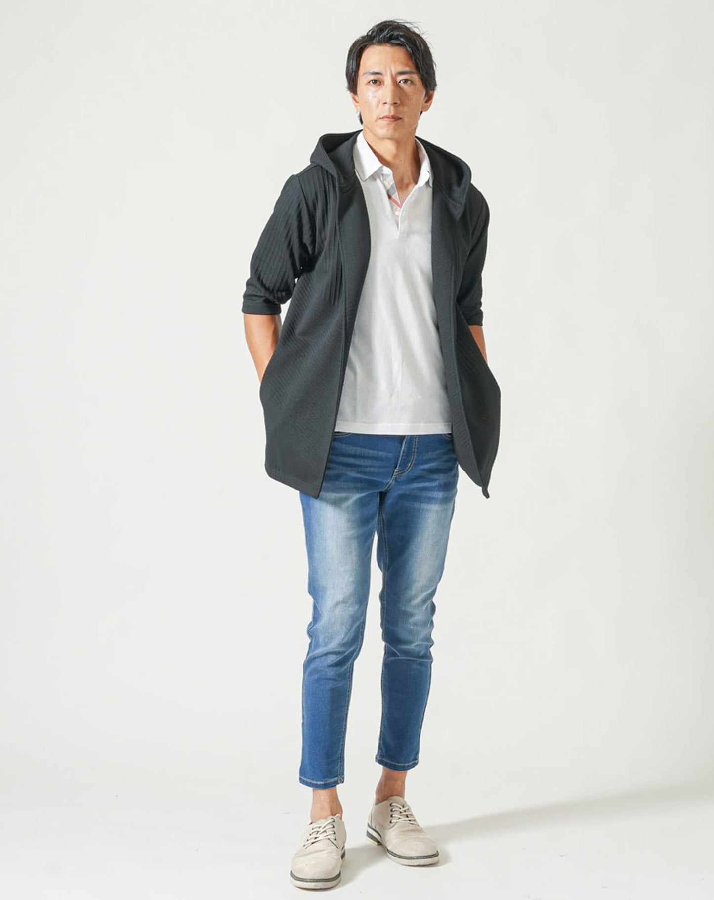 涼しいクールマックス素材ドライ加工チェック柄スキッパー半袖ポロシャツ