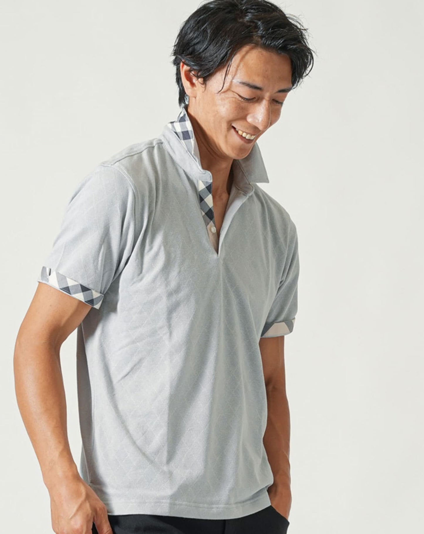 涼しいクールマックス素材ドライ加工チェック柄スキッパー半袖ポロシャツ