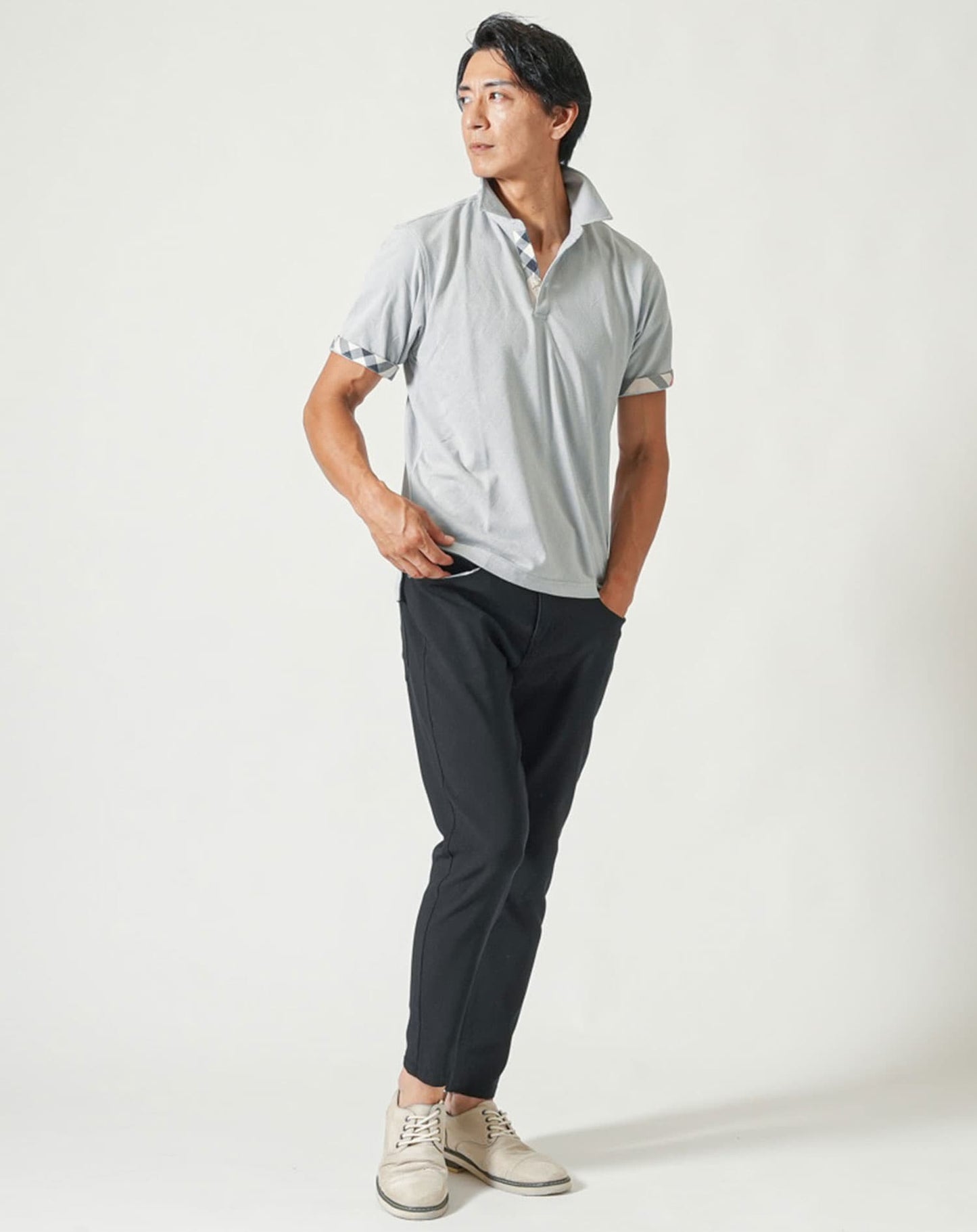 涼しいクールマックス素材ドライ加工チェック柄スキッパー半袖ポロシャツ