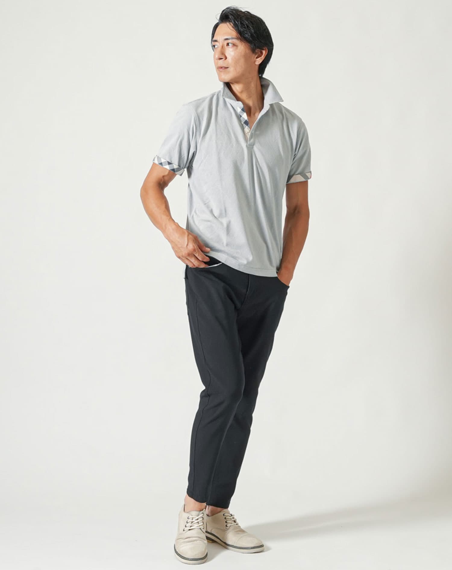 涼しいクールマックス素材ドライ加工チェック柄スキッパー半袖ポロシャツ