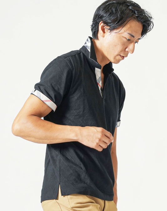 涼しいクールマックス素材ドライ加工チェック柄スキッパー半袖ポロシャツ