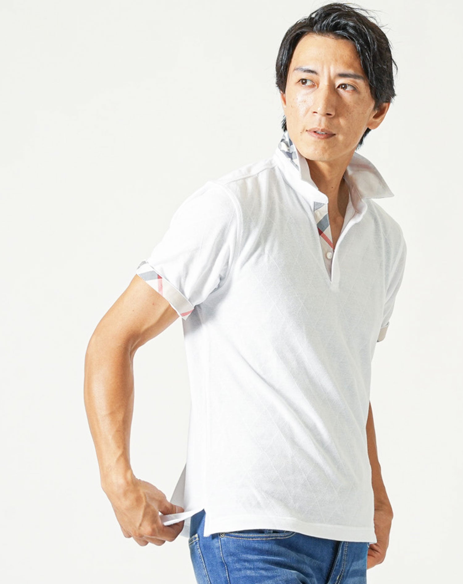 涼しいクールマックス素材ドライ加工チェック柄スキッパー半袖ポロシャツ