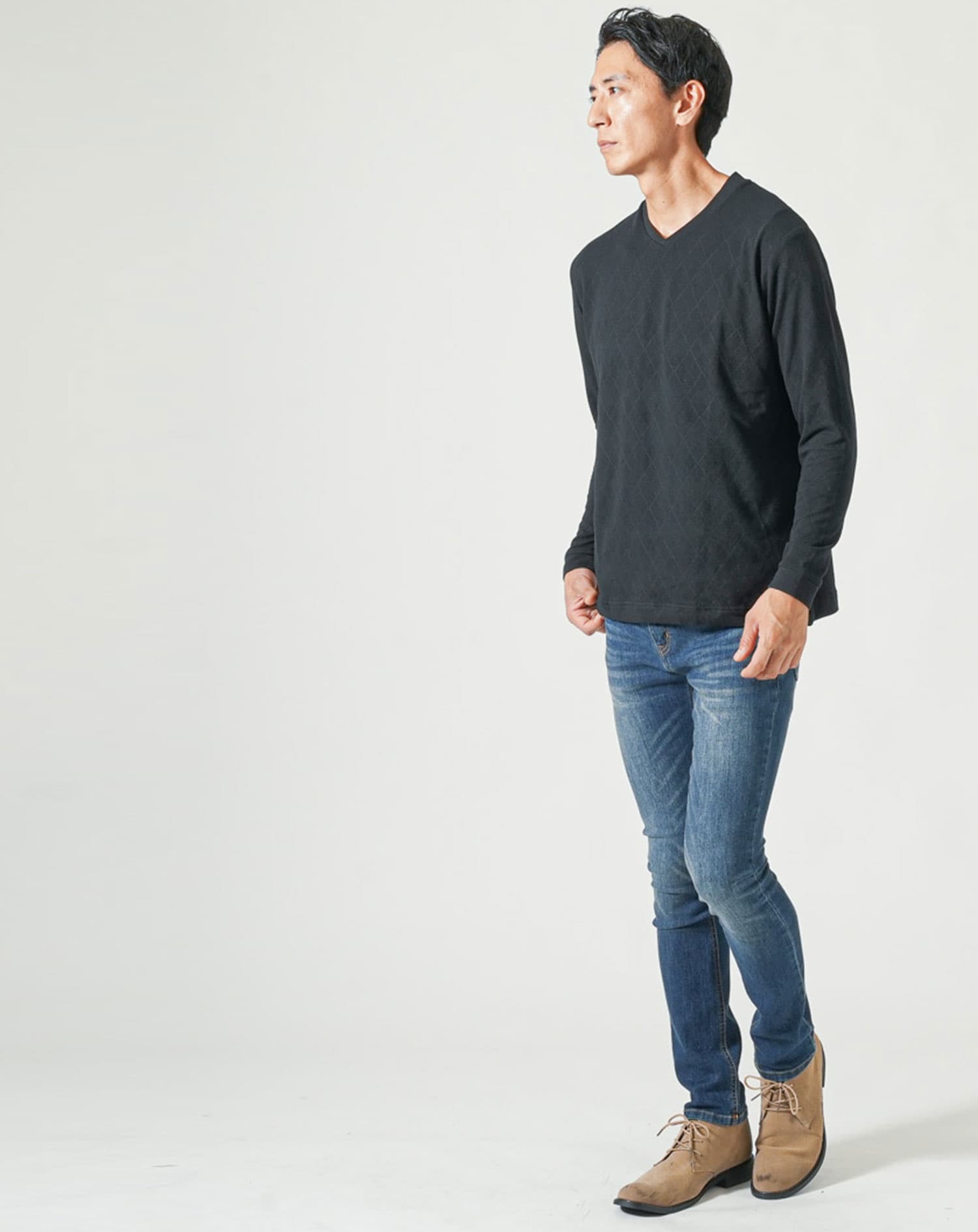 サーモライトうっすらアーガイルVネック長袖Tシャツ