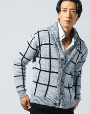 ウィンドウペンチェックウール混ショールカラーカーディガン