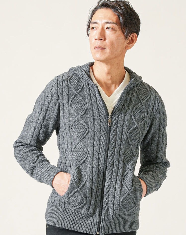 アラン編みジップアップ長袖ニットパーカー