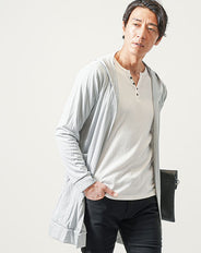 長袖ストレッチ無地ボタンレスロングパーカー