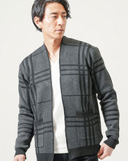 チェックデザイン長袖ボタンレスニットカーディガン