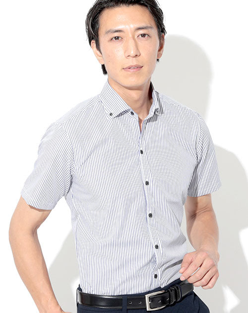 形態安定半袖スリムビジネスカジュアルボタンダウンストライプシャツ 日本製