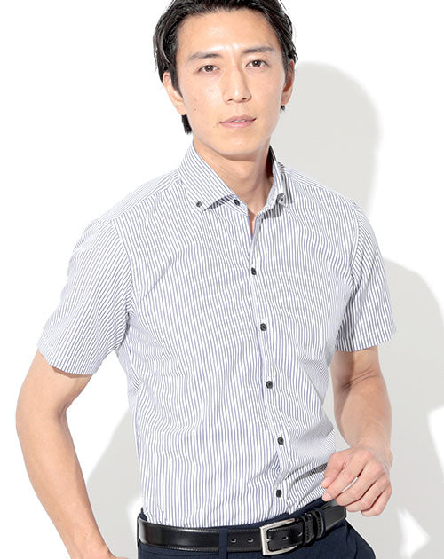 日本製 形態安定半袖スリムビジネスカジュアルボタンダウンストライプシャツ Designed by Bizfront in TOKYO