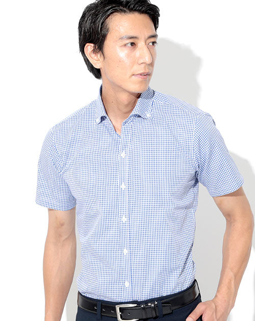 形態安定半袖ビジネスカジュアルボタンダウンチェックシャツ 日本製 Designed by Bizfront in TOKYO