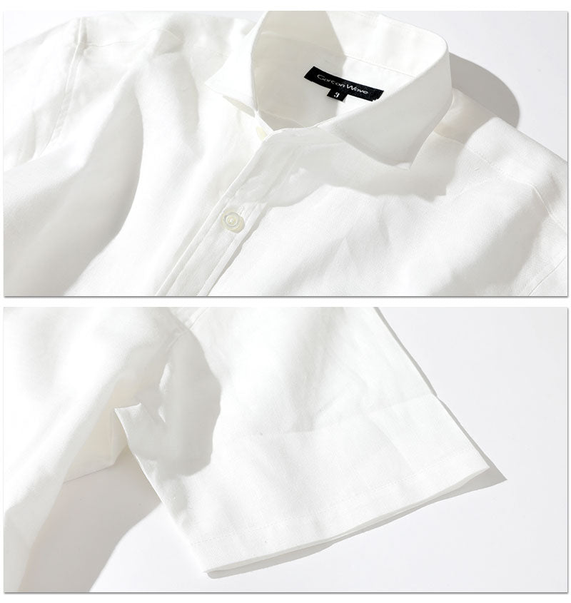 日本製 ホリゾンタルカラーコットンリネン半袖スリムシャツ Designed by Bizfront in TOKYO