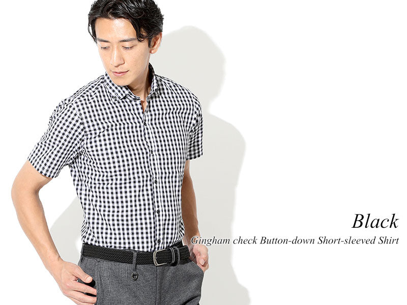 日本製 ギンガムチェックボタンダウン半袖スリムビジネスカジュアルシャツ Designed by Bizfront in TOKYO