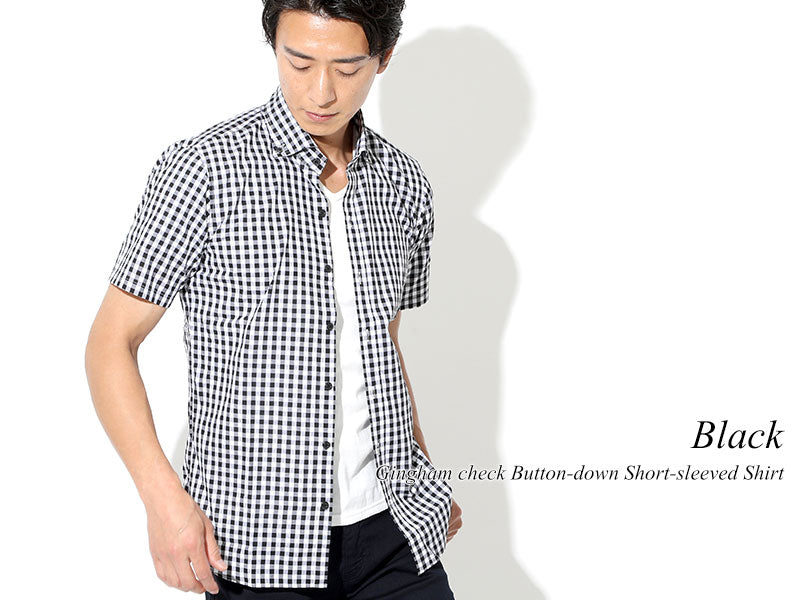 日本製 ギンガムチェックボタンダウン半袖スリムビジネスカジュアルシャツ Designed by Bizfront in TOKYO