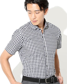 ギンガムチェックボタンダウン半袖スリムビジネスカジュアルシャツ 日本製