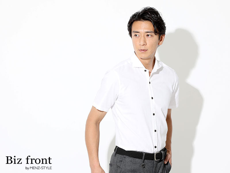 日本製 粒高ボタンホリゾンタルカラー半袖スリムビジネスカジュアルブロードシャツ Designed by Bizfront in TOKYO