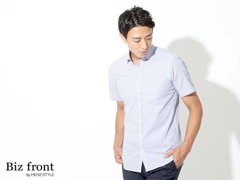 日本製 ワイドカラーボタンダウン半袖スリムストライプシャツ Designed by Bizfront in TOKYO