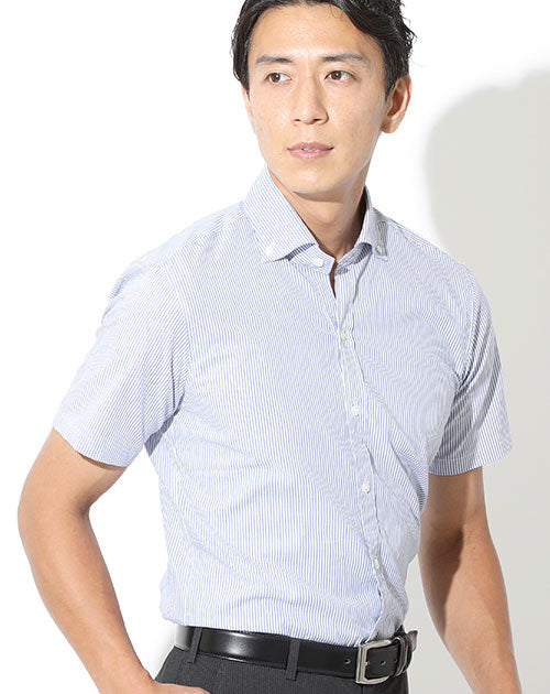 日本製 ワイドカラーボタンダウン半袖スリムストライプシャツ