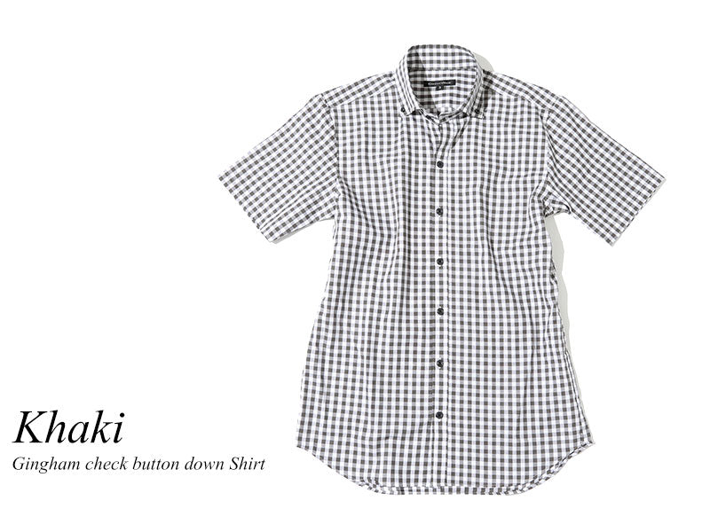 日本製 カラーギンガムチェックボタンダウン半袖スリムビジネスカジュアルシャツ Designed by Bizfront in TOKYO
