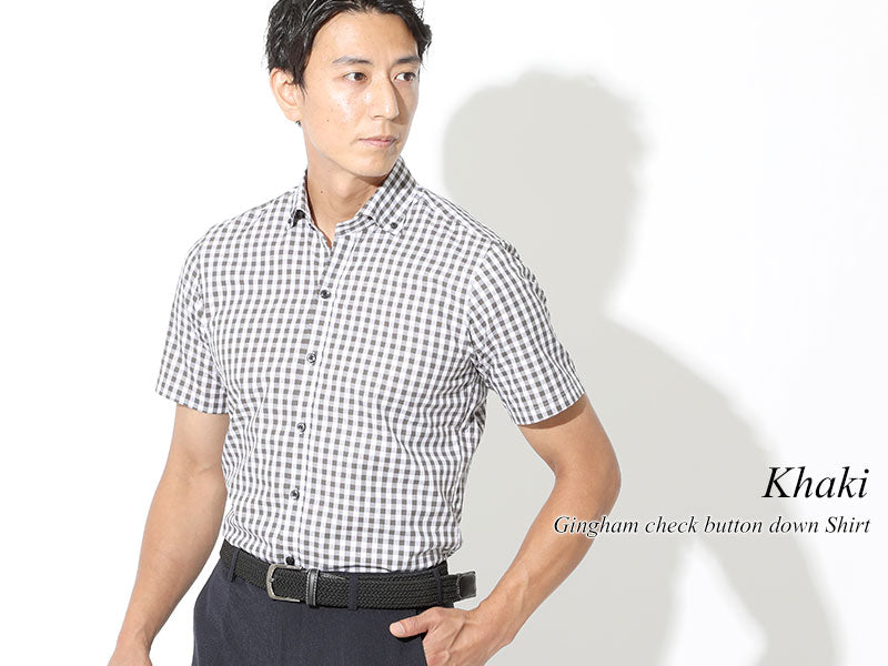 日本製 カラーギンガムチェックボタンダウン半袖スリムビジネスカジュアルシャツ Designed by Bizfront in TOKYO