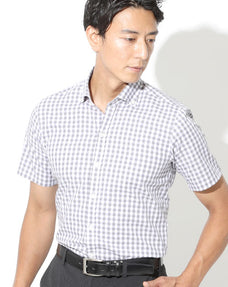 カラーギンガムチェックボタンダウン半袖スリムビジネスカジュアルシャツ 日本製