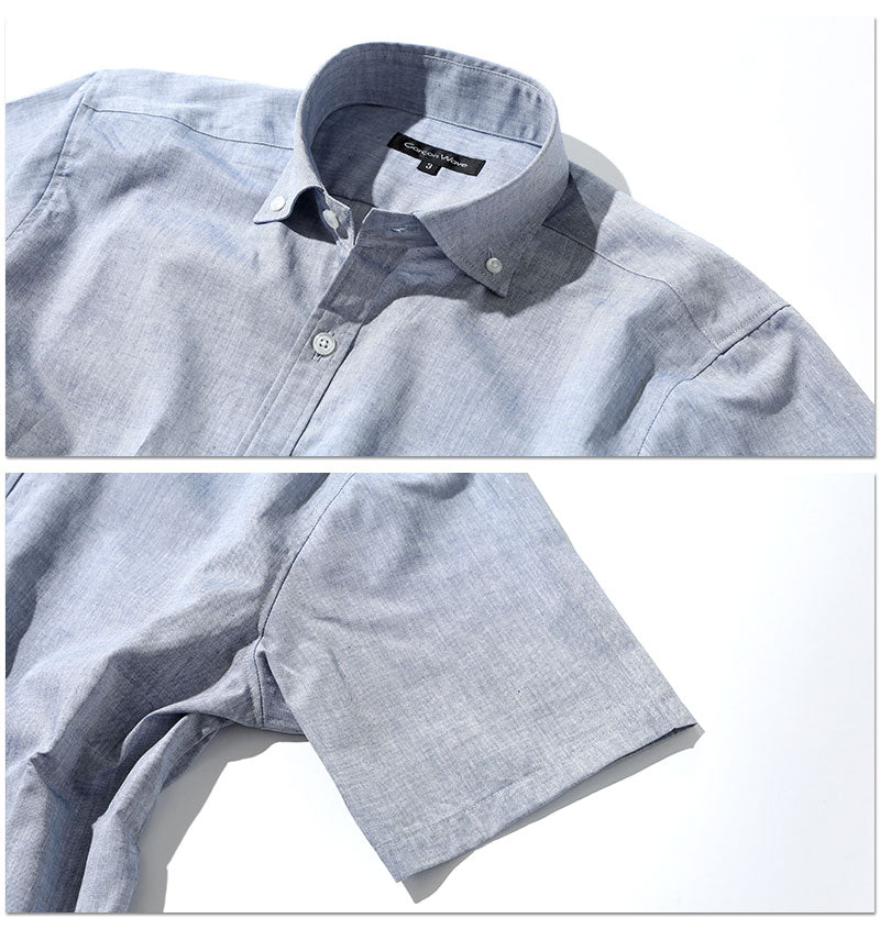 日本製 シャンブレーボタンダウン半袖スリムビジネスカジュアルシャツ Designed by Bizfront in TOKYO