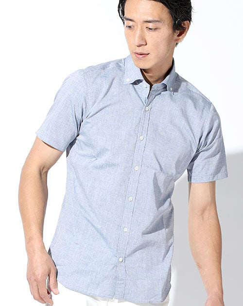 日本製 シャンブレーボタンダウン半袖スリムビジネスカジュアルシャツ