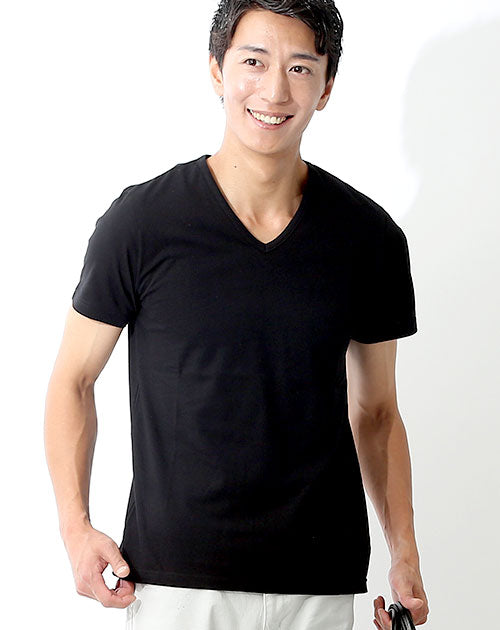 Ｖネック半袖美シルエット無地スリムカットソー 日本製