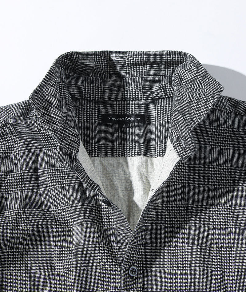 シワ加工綿麻グレンチェックホリゾンタルカラー7分袖シャツ　日本製