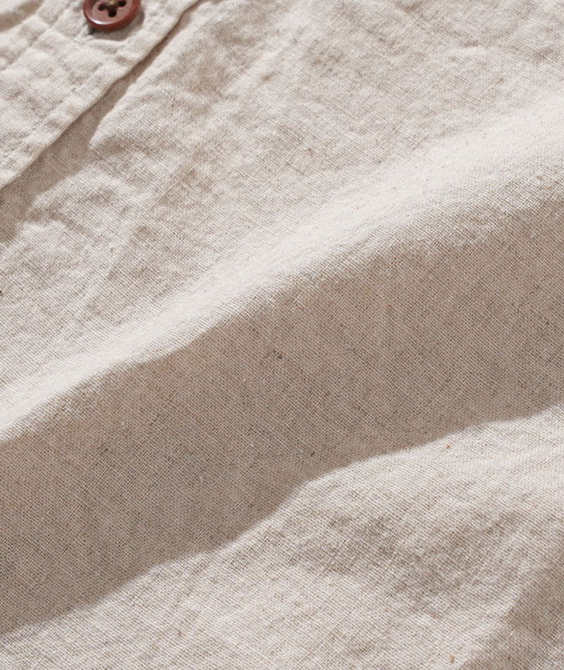 日本製ホリゾンタルカラー綿麻素材スリムフィット７分袖シャツ
