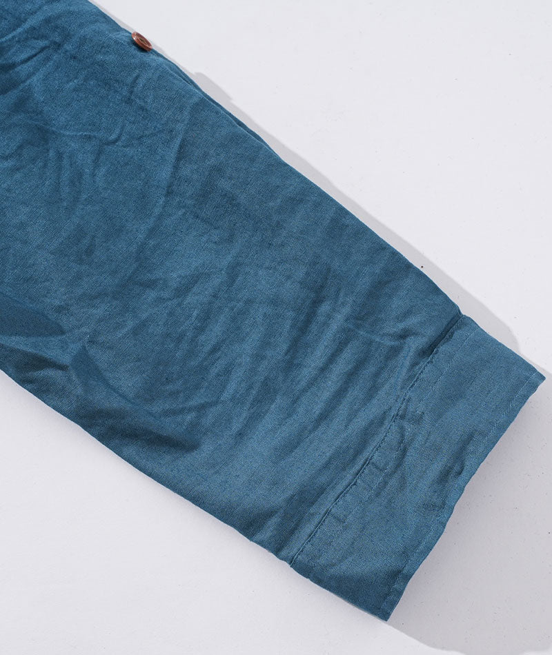 日本製ホリゾンタルカラー綿麻素材スリムフィット７分袖シャツ