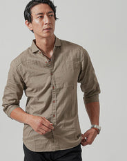 日本製ホリゾンタルカラー綿麻素材スリムフィット7分袖シャツ