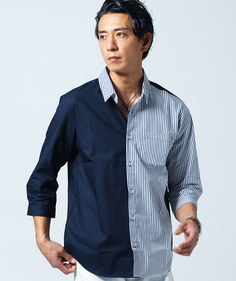 ストライプ切り替え７分袖日本製コットンシャツ