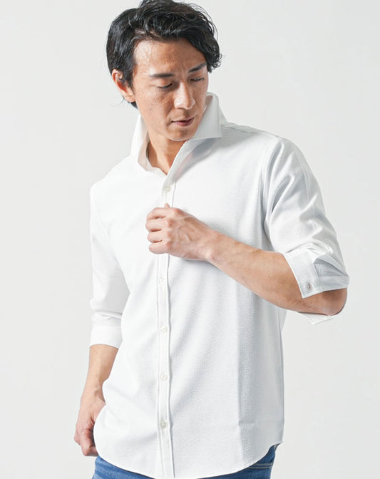 接触冷感日本製ホリゾンタルカラーストレッチ7分袖シャツ