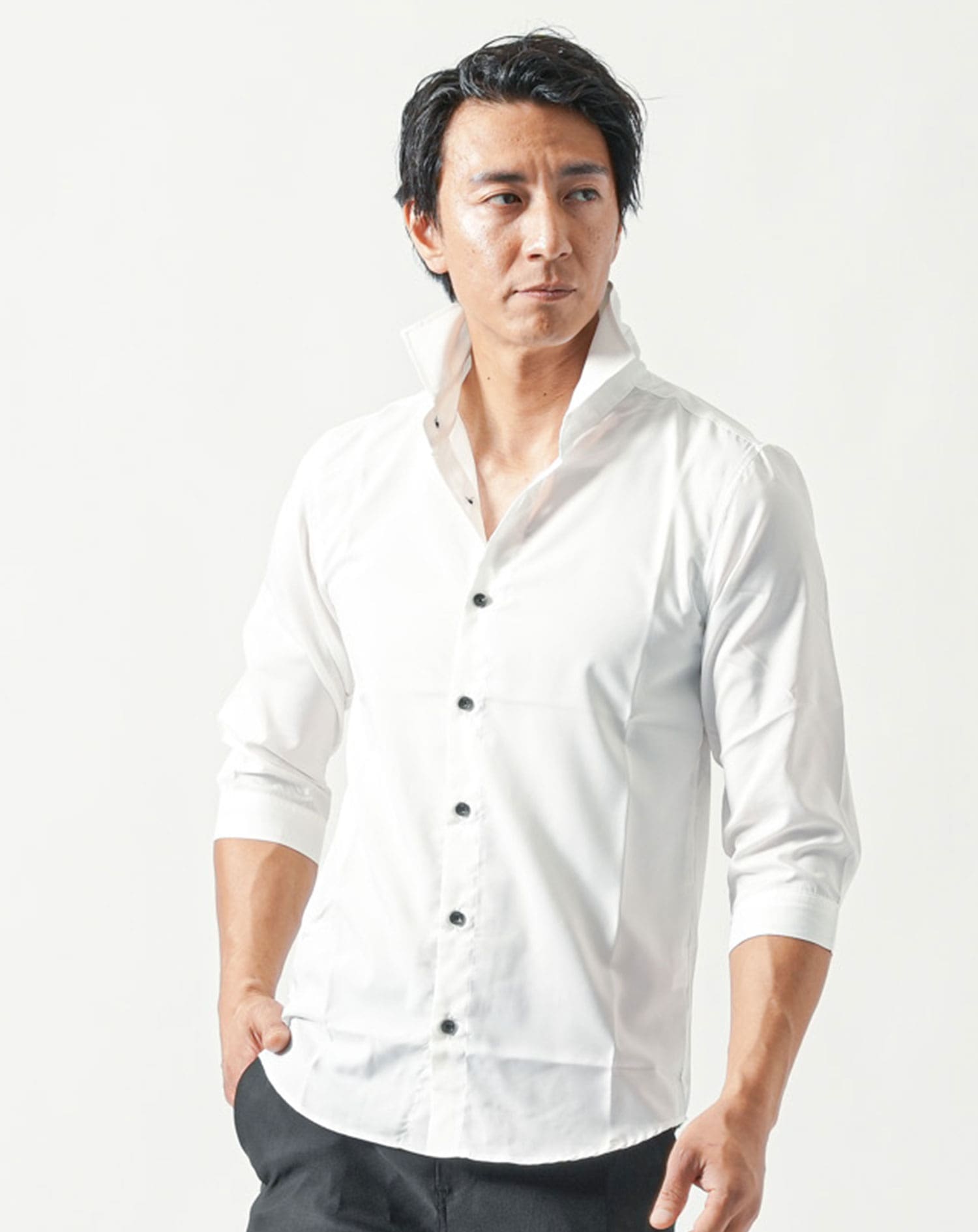 人気のLサイズ✨Finamore ホリゾンタルカラーシャツ ホワイト 40 日本製夏用接触冷感ホリゾンタルカラースリム七分袖シャツ ｜ メンズ