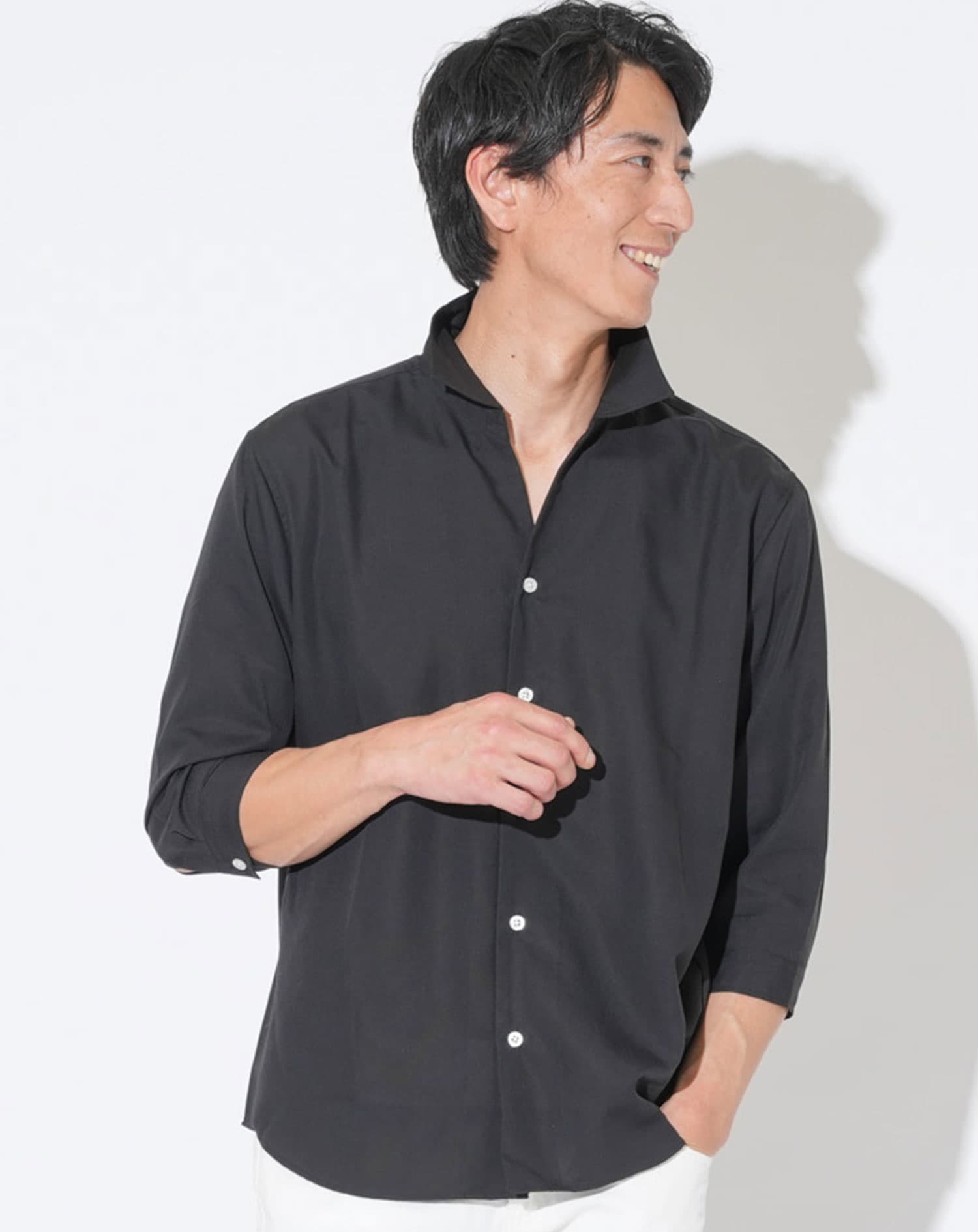 接触冷感 日本製スキッパーデザイン7分袖シャツ