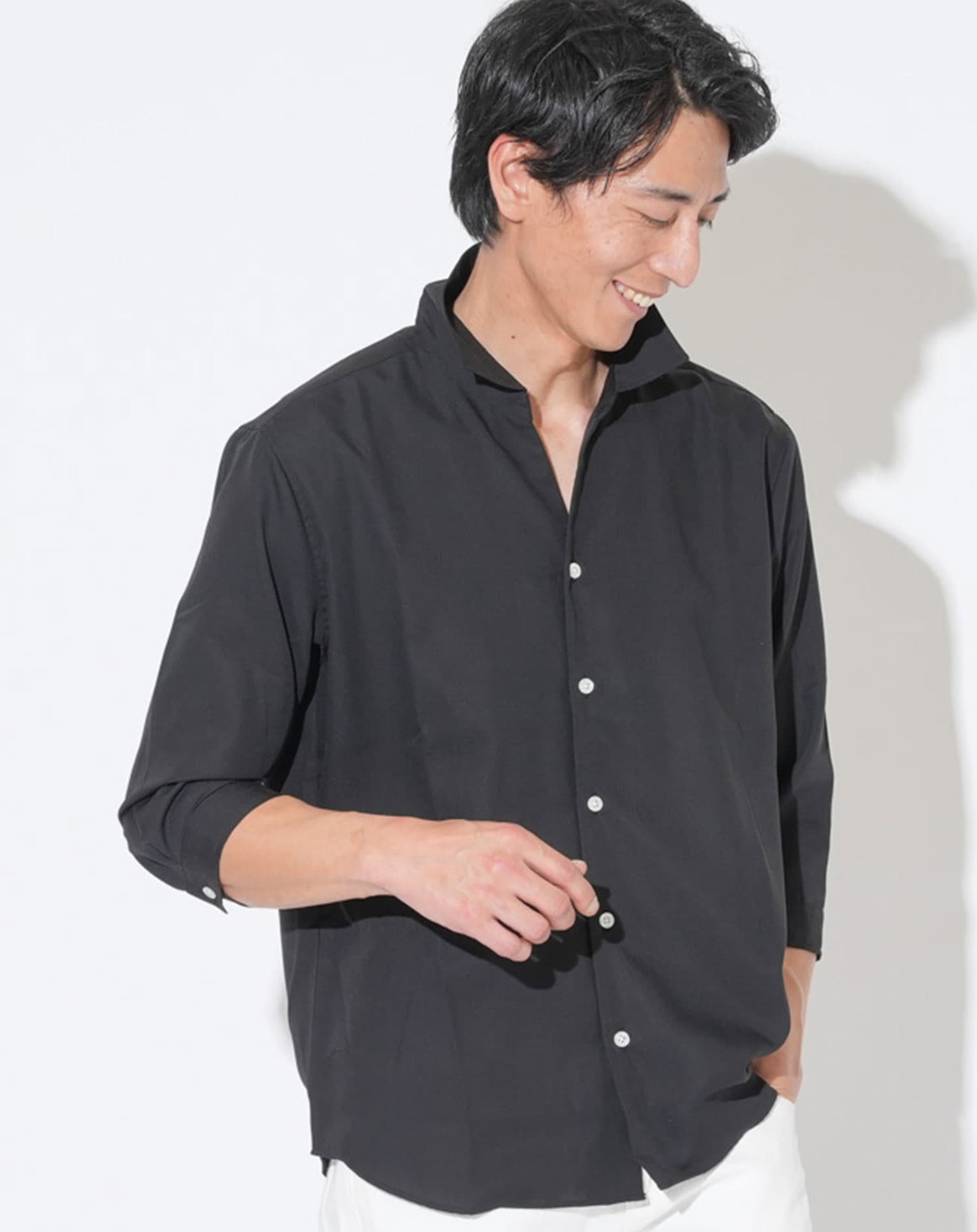 接触冷感 日本製スキッパーデザイン7分袖シャツ