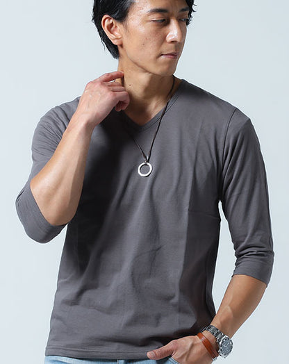 7分袖スリムシルエット日本製Vネック無地カットソー