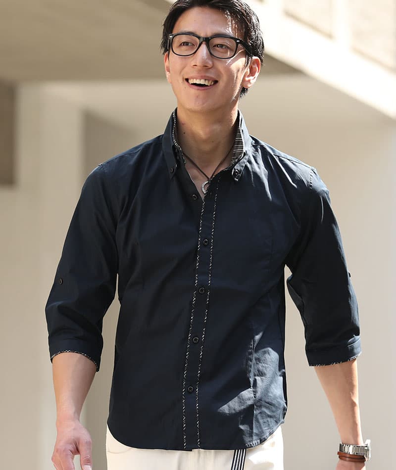 ２枚襟前立てデザイン美シルエット７分袖シャツ