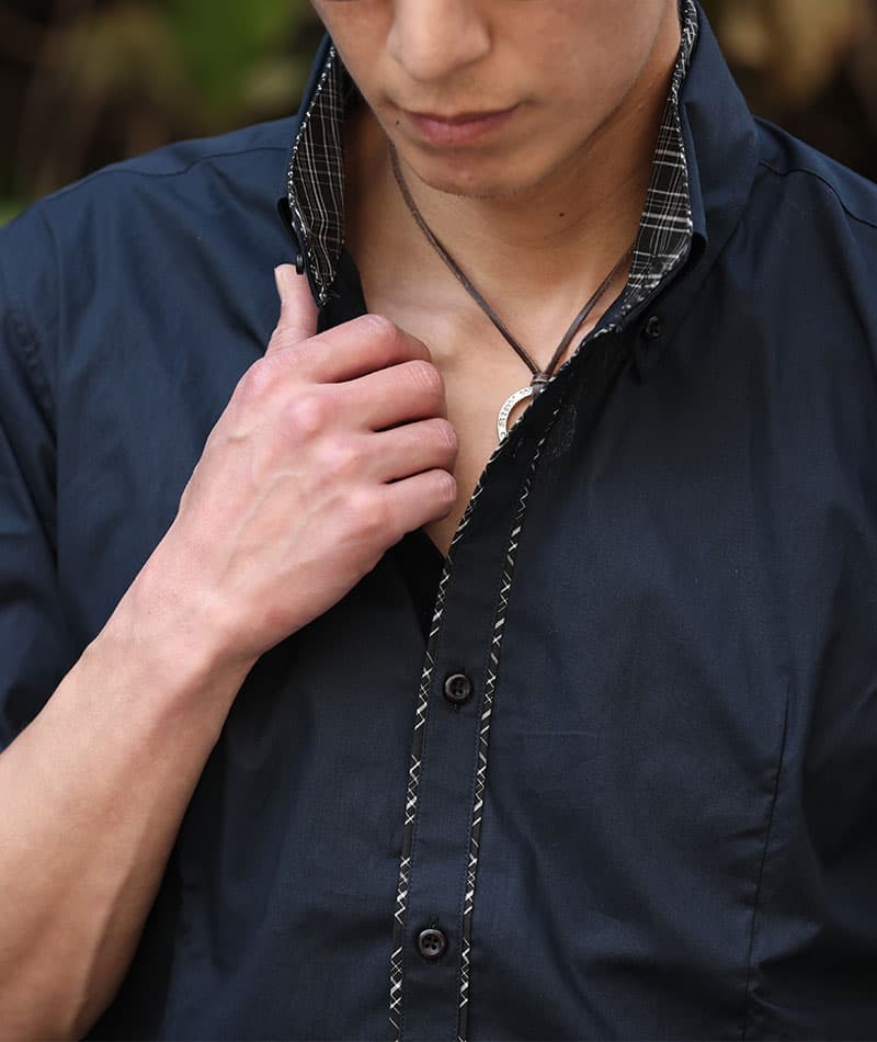 ２枚襟前立てデザイン美シルエット７分袖シャツ