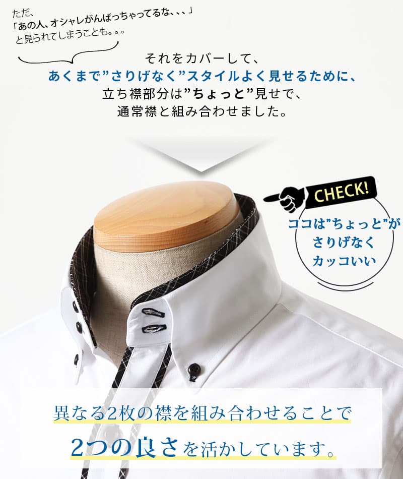 ２枚襟前立てデザイン美シルエット７分袖シャツ