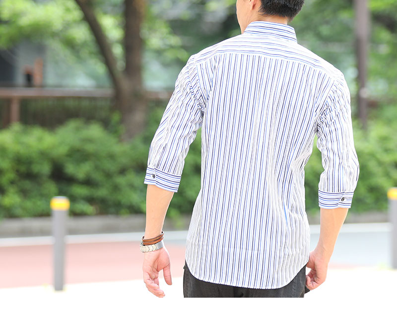 日本製 シャツ メンズ おしゃれ カジュアル コーデ ブランド 40代 50代 スキッパー 7分袖 夏 ストライプシャツ ちょいワル ちょい悪 イケオジ ファッションドレス カッター ワイシャツ ブロード ストライプ
