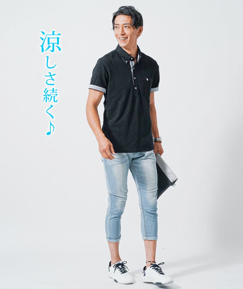 クールマックス素材ドライ加工アーガイル半袖・7分袖ポロシャツ