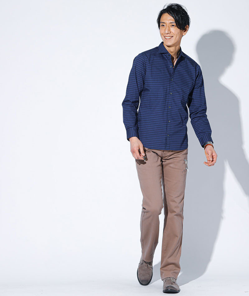 日本製シャドーアーガイルホリゾンタルカラー長袖ブロードシャツ