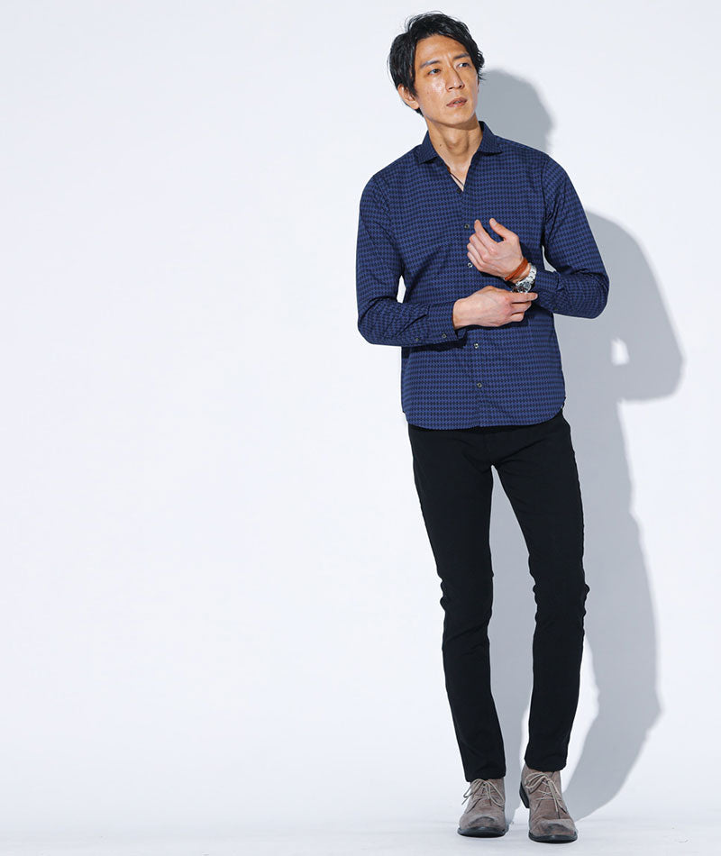 日本製シャドーアーガイルホリゾンタルカラー長袖ブロードシャツ
