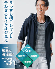 クールマックス素材裏地ストライプ7分袖ワイヤー入りフードロングシャツパーカー