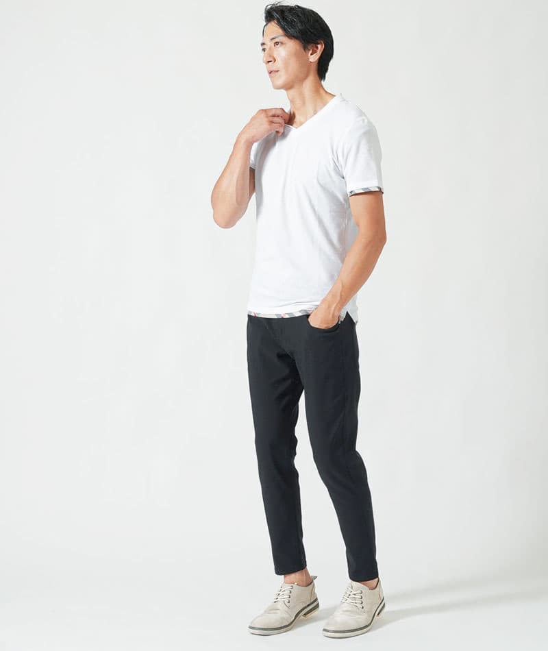 クールマックス素材ドライ加工フェイクレイヤード半袖VネックTシャツ