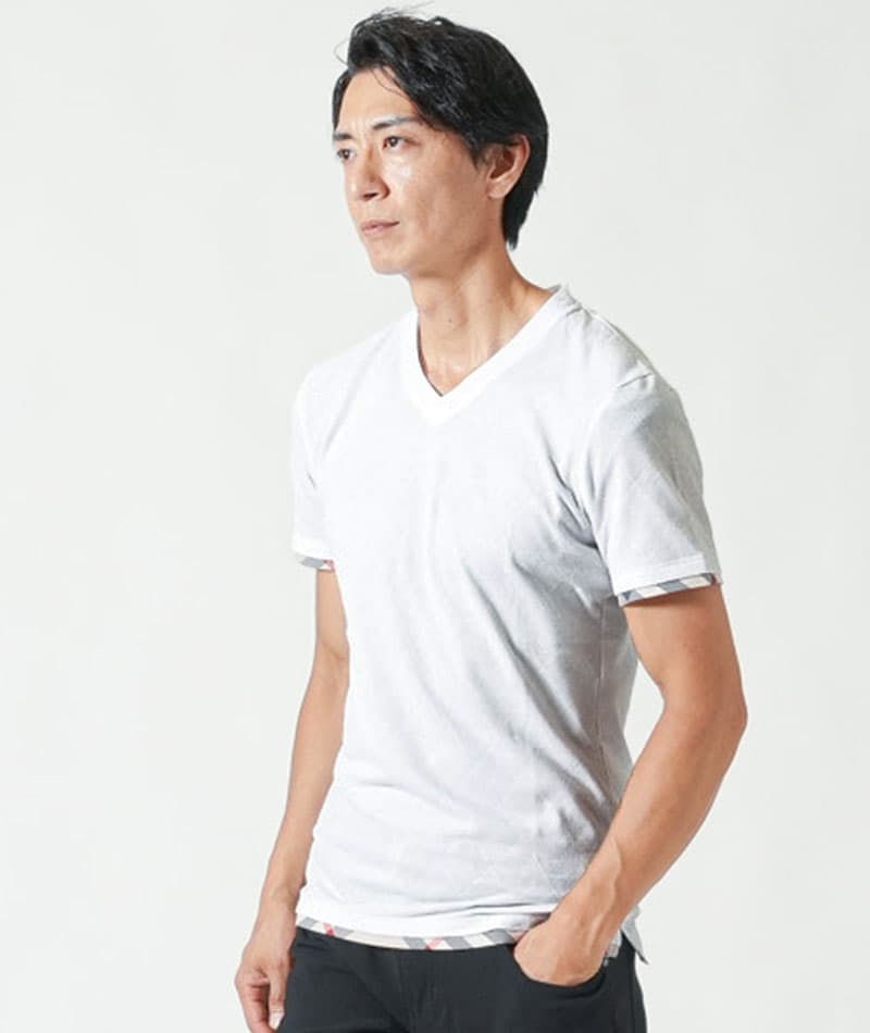 クールマックス素材ドライ加工フェイクレイヤード半袖VネックTシャツ