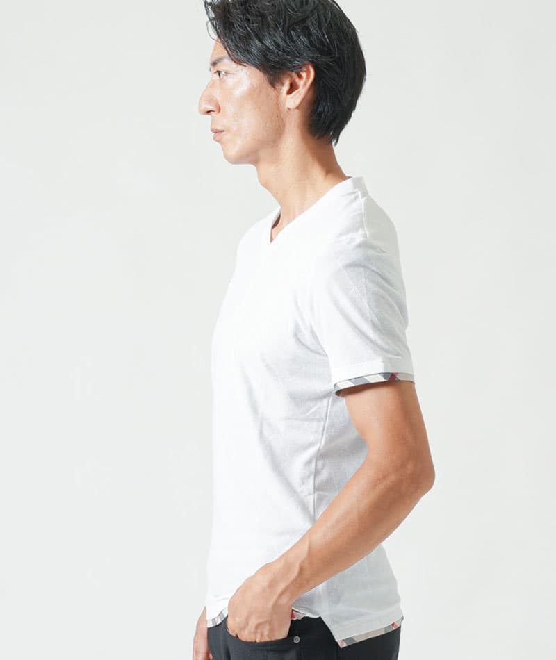 クールマックス素材ドライ加工フェイクレイヤード半袖VネックTシャツ